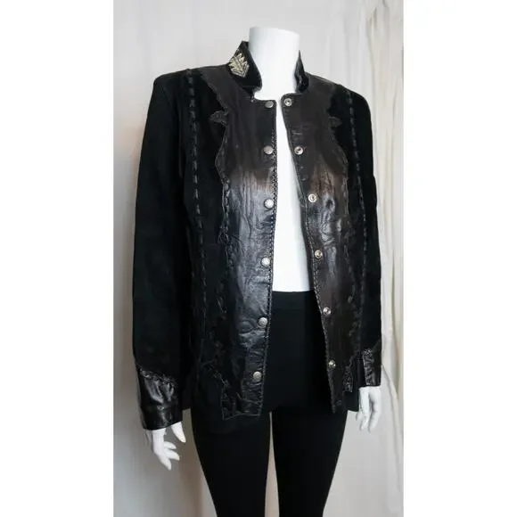 TRIBE AMERICA Women's Vintage Black Suede & Leather Beaded JacketUS 8 - Picture 4 of 14
